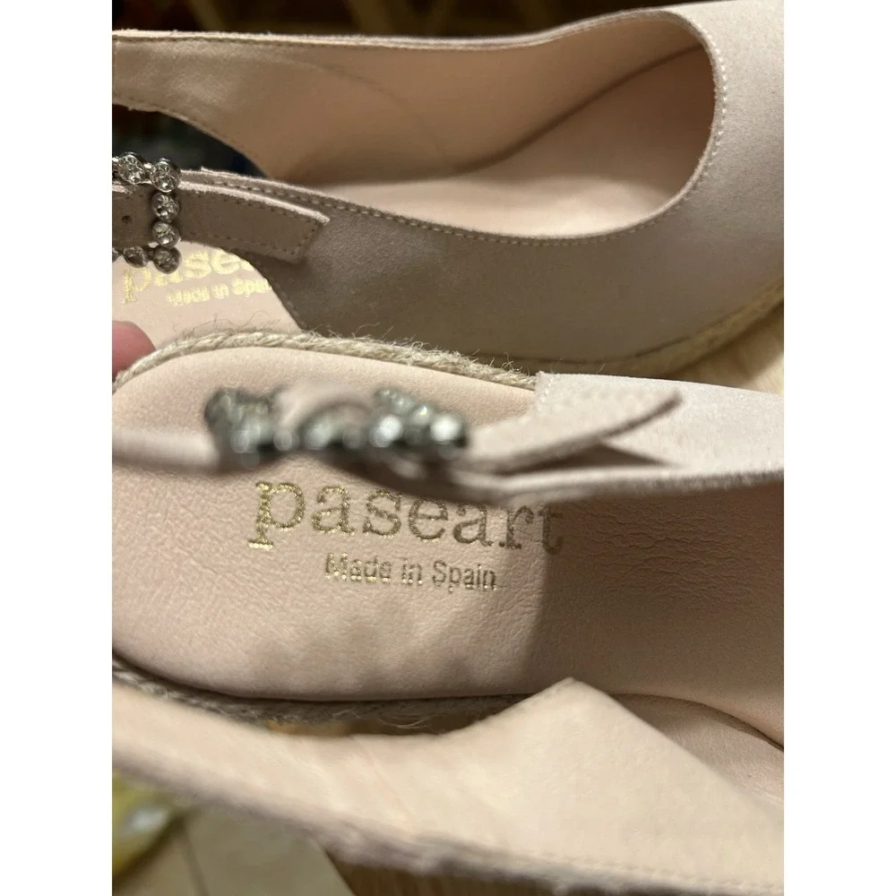 Paseart Spain Leather Suede Jute Espadrille Wedge Sandals Peep‎ Toe Rhinestone 9